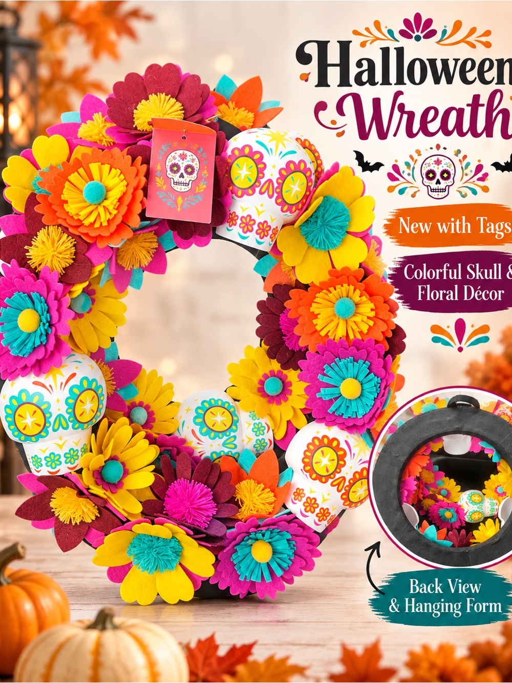 Festive Multicolor Day of the Dead Skull & Floral Wreath Luis Pinto